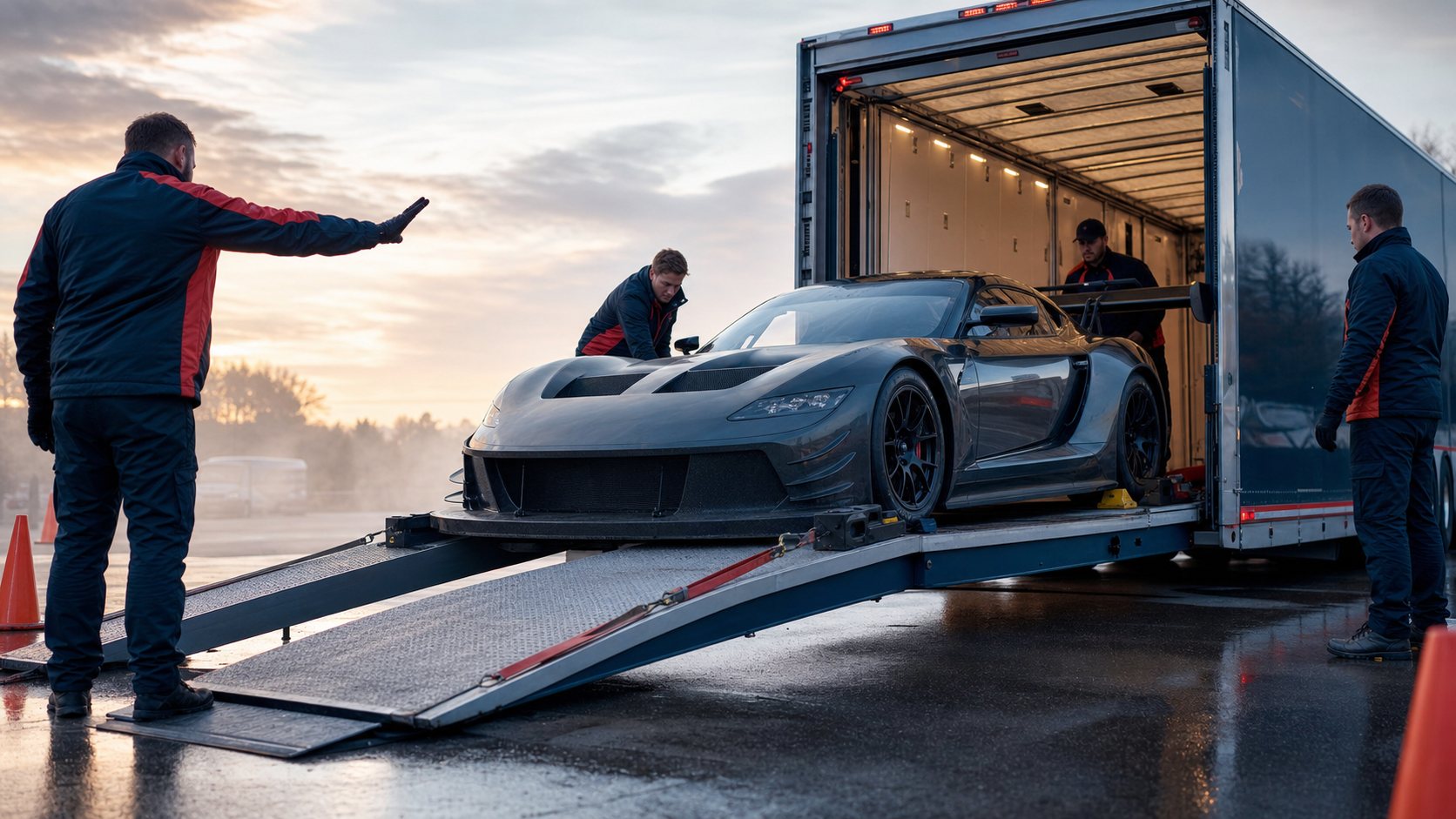 Extremely low race car being loaded into an enclosed transporter